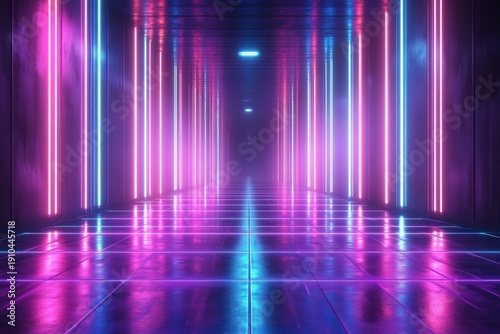Wallpaper Mural Empty futuristic corridor lined with vertical pink and blue neon light strips, glossy tiled reflective floor and faint mist, symmetrical perspective creating a mysterious, immersive mood Torontodigital.ca