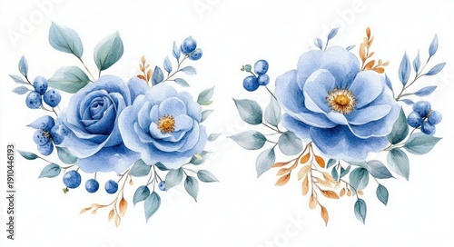pair of delicate watercolor blue roses and blossoms with blue berries and soft eucalyptus leaves, serene elegant botanical bouquets