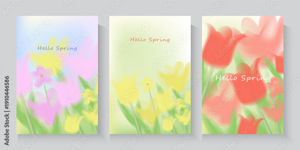 Naklejka premium Spring or summer trendy floral background. Blurred gradient flowers Pink, red, purple tulips. Nature tropical art design with cute color templates for poster, card, cover, banner, social media.
