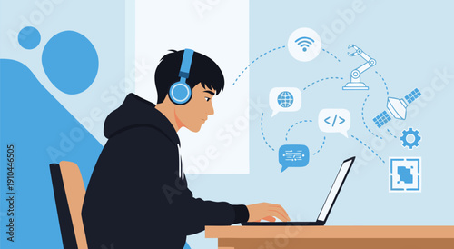 Young person with headphones working on a laptop, technology vector illustration