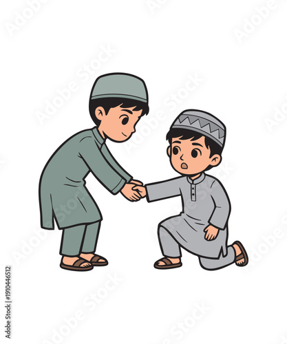 A kind young Muslim boy in a green thobe reaching out to help another boy in a grey thobe stand up from a kneeling position.