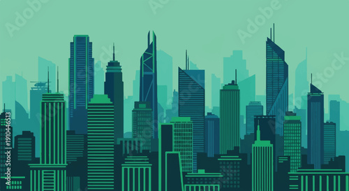 Digital Green Skyline Illustration Showing Tall Buildings and Depth in a Futuristic Urban View