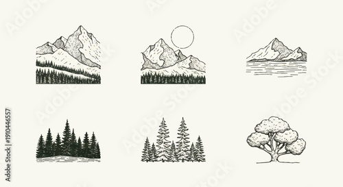 Bird’s-Eye Illustrated Panorama of Mountain, Forest, Water, Tree, and Snow Scenes in Black-and-White Hand‑Drawn Style