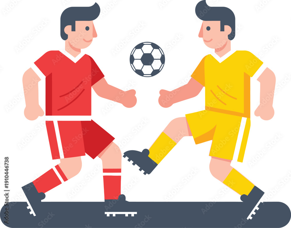 Obraz premium Two cartoon soccer players wearing contrasting red and yellow jerseys compete for a black and white ball suspended between them above a dark ground line.