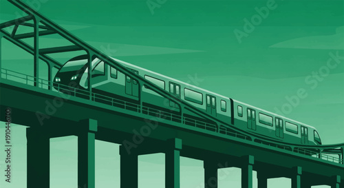 Silver Train in Motion on Elevated Track Under Green Filter, Captured from Side View