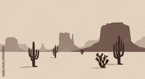 Cacti and Rocks Silhouetted Against a Beige Sky in Isolation