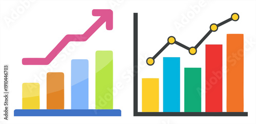 Set of colorful business growth bar charts with rising arrows and line graphs for data analysis