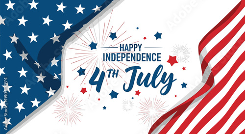 Happy 4th of July Independence Day banner with American flag and fireworks, vector illustration for poster or social media