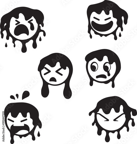 Collection of expressive black and white character faces with dripping effects Vector, illustration