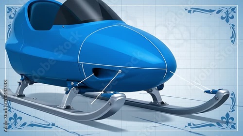 Bright blue aerodynamic snow speeder concept a futuristic winter sports vehicle 3D rendering illustration isolated on a light technical blueprint background