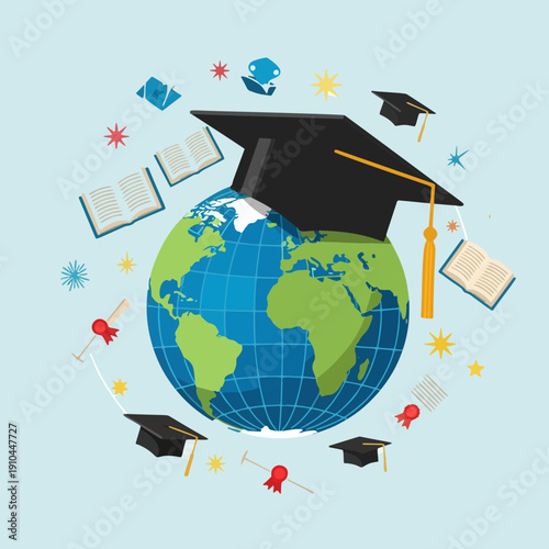 Global Education Concept Vector with Earth Globe, Graduation Cap and Books