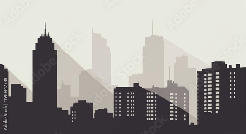 Cityscape Skyline Showcasing Minimalist Black and White Buildings from a Staggered Viewpoint