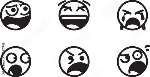 A collection of six expressive emoji faces showing various emotional reactions Vector, illustration