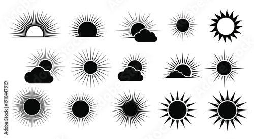 Black and white illustration of various sun phases and cloud cover