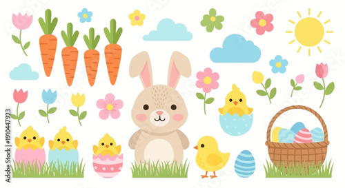 Easter bunny and spring elements in a colorful and playful illustration