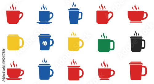 Colorful collection of steaming coffee and tea cups in a grid pattern