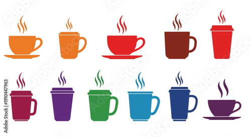 Colorful collection of steaming coffee and tea cups in various designs