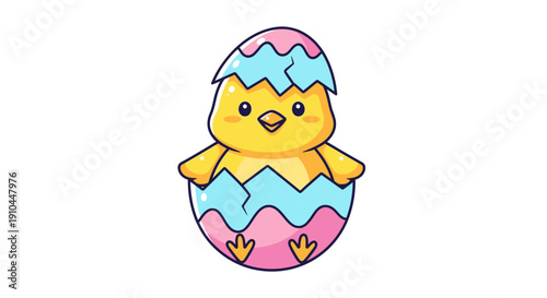 Cartoon chick emerging from easter egg shell illustration design
