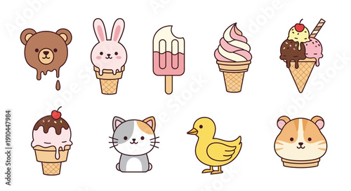 Cartoon ice cream cone characters and cute animal characters collection