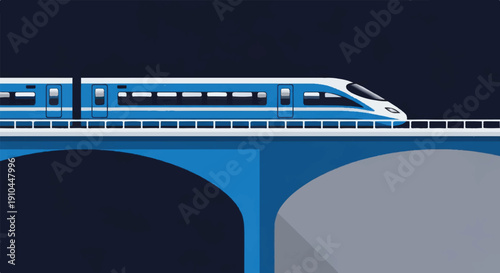 Nighttime Train Crossing a Blue Bridge in Illustrative Graphic – Journey Across the Skies, View from Above
