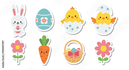Easter themed illustrations bunny eggs chick carrot basket and flowers