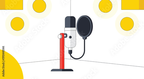 A white and black condenser microphone with a black pop filter is mounted on a red and white stand in a minimalist corner setting.