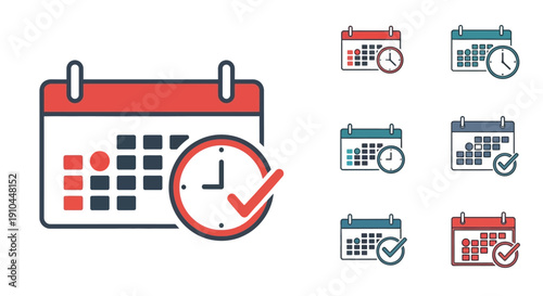 Colorful calendar icons with clocks and checkmarks representing scheduling