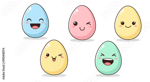 Cartoon eggs with smiling faces in various pastel colors on white