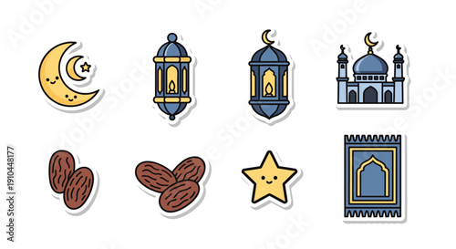 Islamic symbols and icons moon lanterns mosque dates stars and prayer rug
