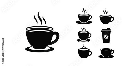 Black silhouette icons of various hot beverages and a coffee bean