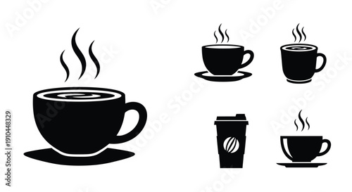 Black and white illustration of various hot beverage containers and steam