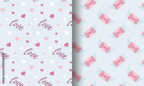 Split Valentine s design with two seamless patterns left side features cursive love text and scattered hearts, right side shows flying pink envelopes with heart seals and blue wings