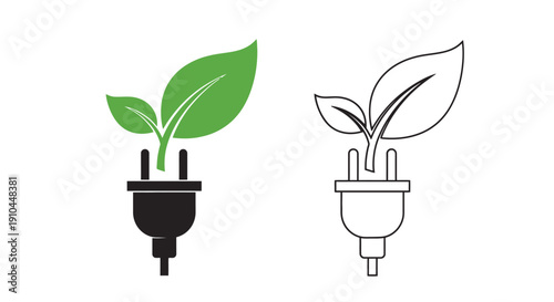 Green leaf sprouting from a power plug and its outline version