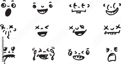Collection of expressive black and white line-drawn facial emojis depicting various emotions Vector, illustration