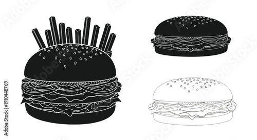 Stylized illustration of burgers and french fries in black and white