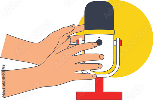 A pair of hands lightly touches the body of a condenser microphone against a bright yellow circular backdrop for recording.