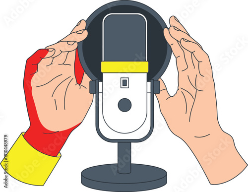 Two hands wearing a red sleeve adjust a professional studio microphone with a pop filter against a white background.