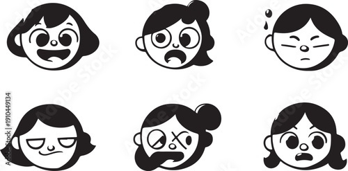 Six expressive cartoon faces displaying a range of emotions and styles Vector, illustration
