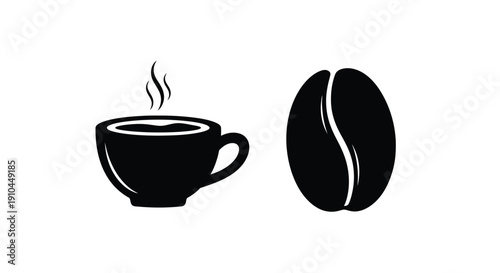 Simple black and white illustration of coffee cup and bean