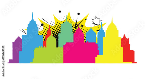 Colorful pop art skyline with dynamic comic book style explosions