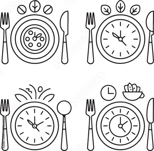 Illustrations of clocks integrated with dining and breakfast utensils for time management. Vector, illustration