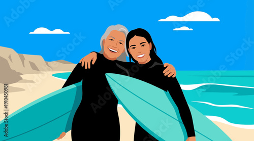 Smiling people with surfboards enjoying beach day