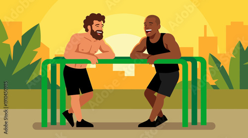 Two men chatting and laughing by outdoor metal barrier in park