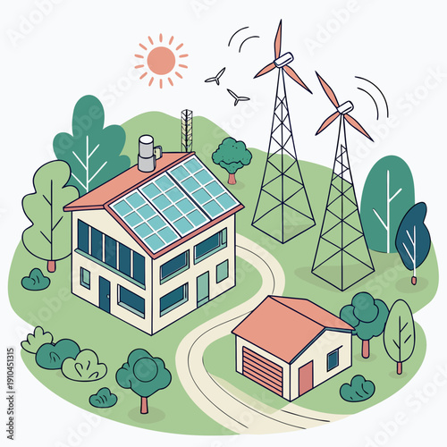 Futuristic research village powered by renewable energy, integrating smart technology and sustainable living concepts.