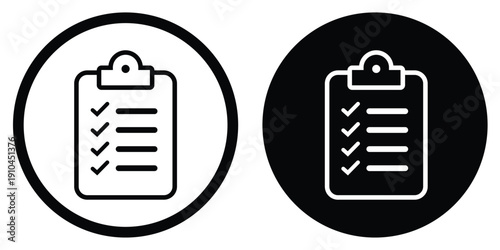 Professional clipboard with checkmarks vector icon. Set in circular frames with contrasting black and white styles. Suitable for business tasks, completed projects, and quality control.