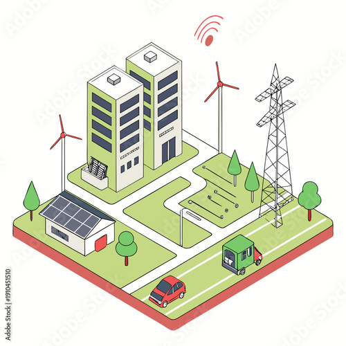 Smart city network system with renewable energy integration, isometric view, modern technology, futuristic urban planning.