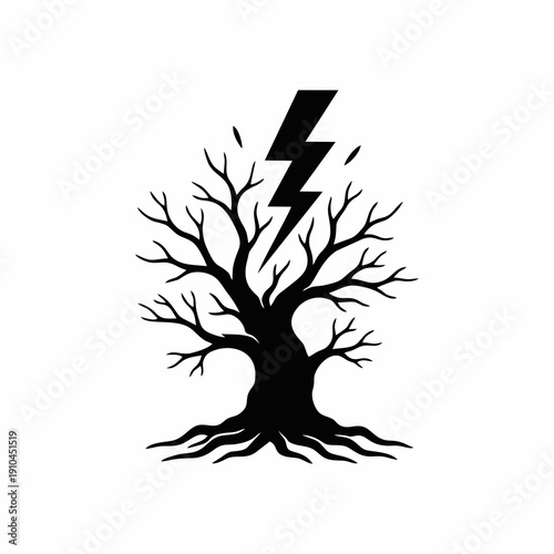 Dead Tree with Lightning Bolt Silhouette Logo Illustration