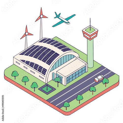 Clean energy airport powered by renewables, smart infrastructure concept, modern aviation hub, flat vector illustration.