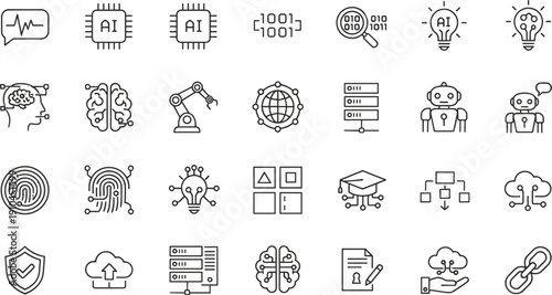 Artificial Intelligence Technology Line Icons Set Machine Learning Data Science Automation Cyber Security Vector Illustration Collection