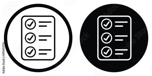 Professional clipboard with checkmarks vector icon. Set in circular frames with contrasting black and white styles. Suitable for business tasks, completed projects, and quality control.
